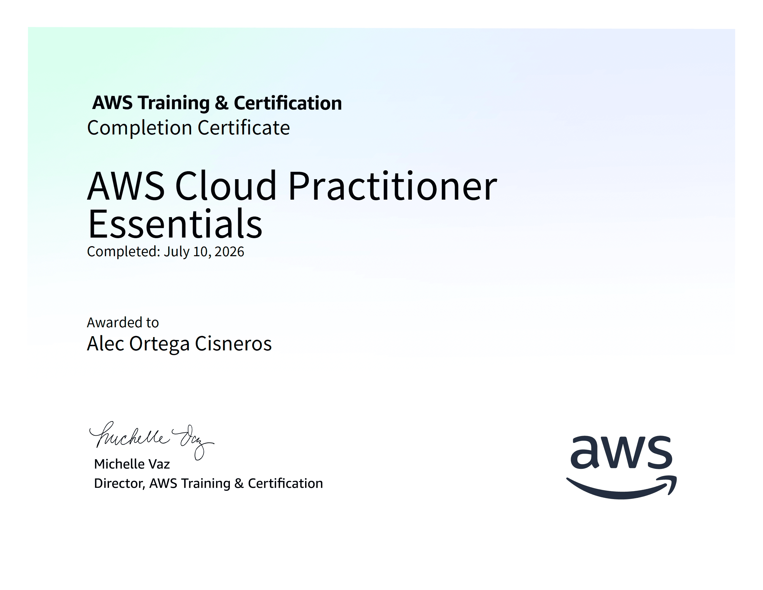 AWS Cloud Practitioner Essentials certificate