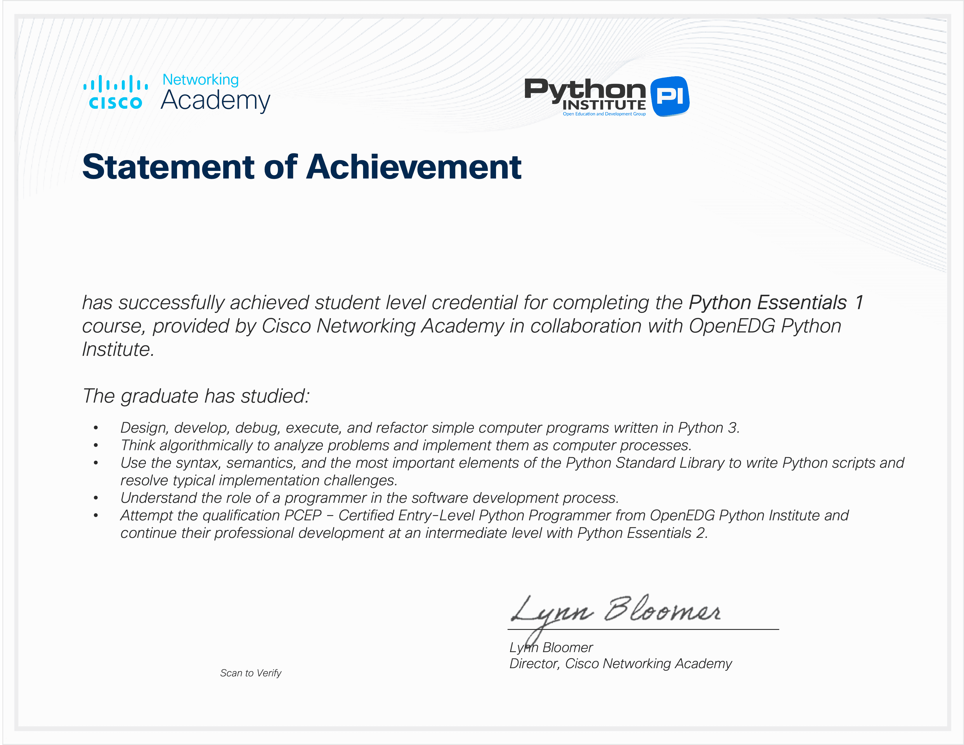 Python Essentials 1 certificate